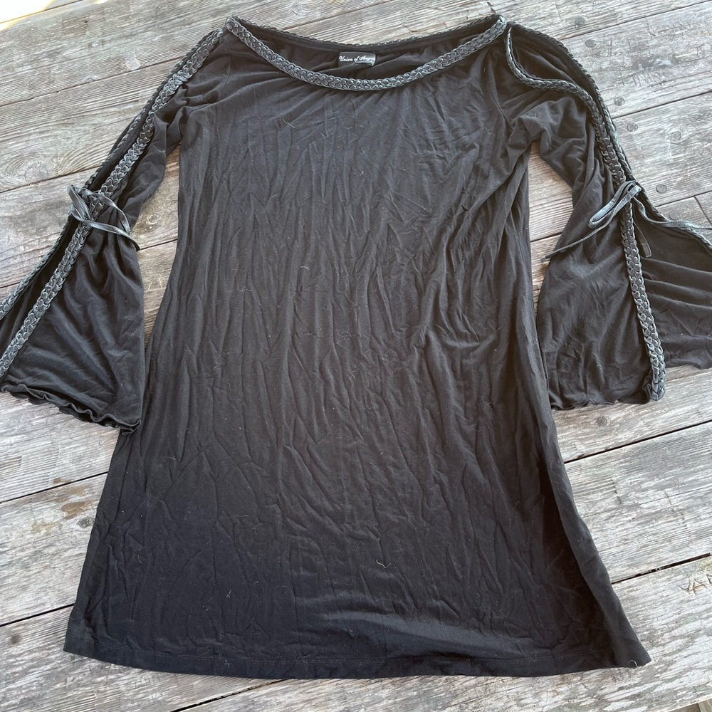 UNION OF ANGELS BLACK NYLON DRESS LEATHER TRIM BRAIDED, BELL SLEEVES, L.